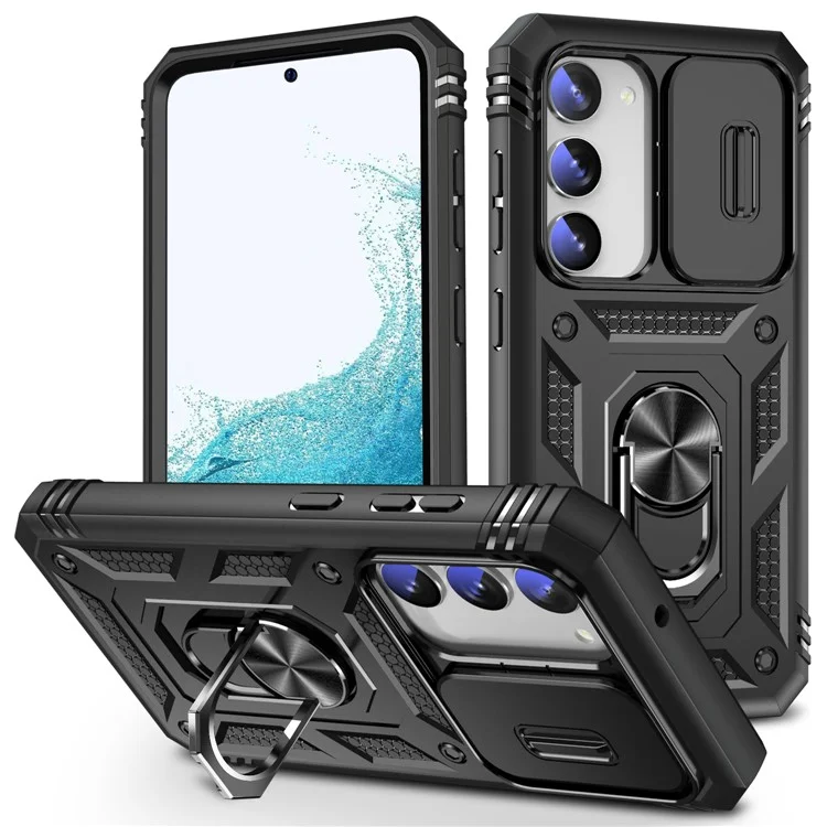 For Samsung Galaxy S23+ Anti-fall Phone Case with Ring Kickstand Card Holder Phone Back Cover with Sliding Camera Lid - Black
