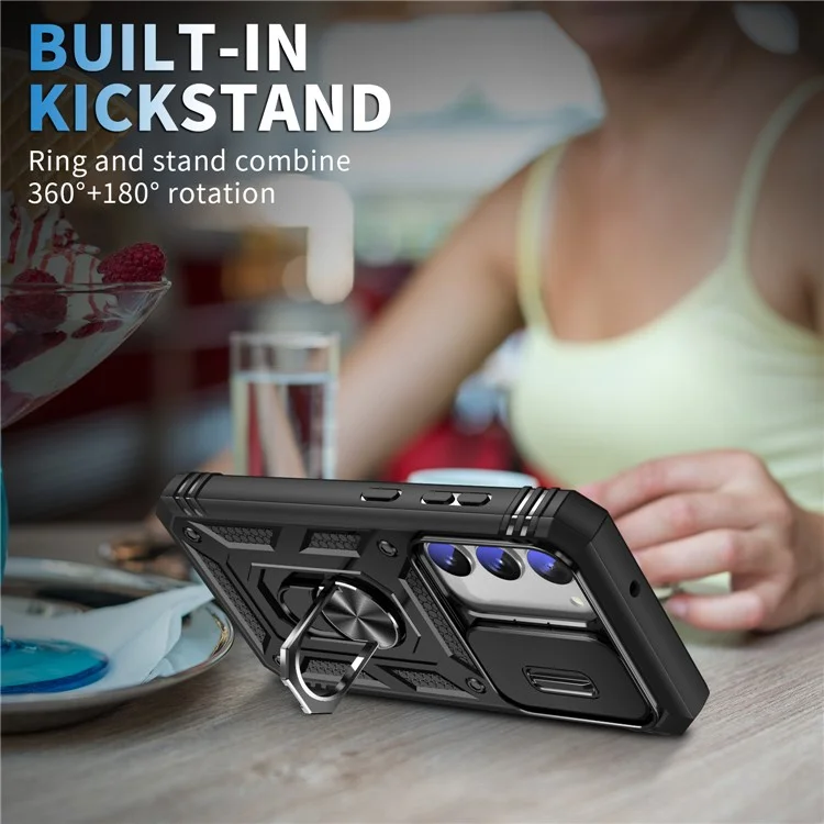 For Samsung Galaxy S23+ Anti-fall Phone Case with Ring Kickstand Card Holder Phone Back Cover with Sliding Camera Lid - Black