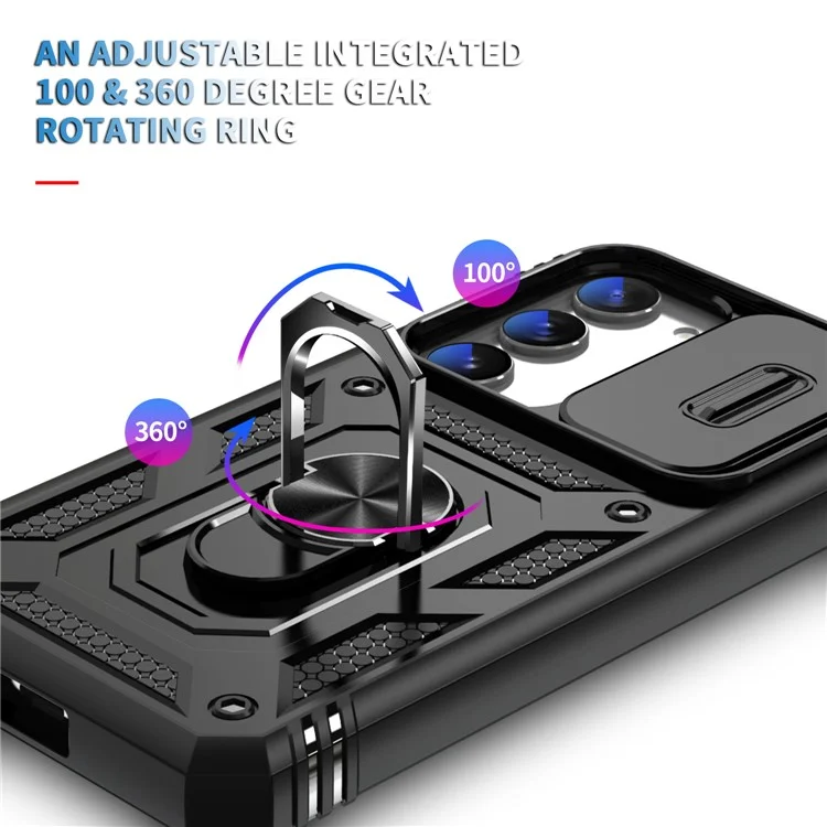 For Samsung Galaxy S23+ Anti-fall Phone Case with Ring Kickstand Card Holder Phone Back Cover with Sliding Camera Lid - Black