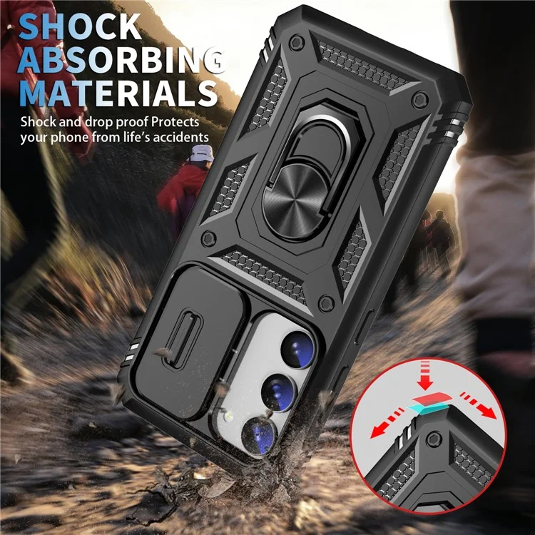 For Samsung Galaxy S23+ Anti-fall Phone Case with Ring Kickstand Card Holder Phone Back Cover with Sliding Camera Lid - Black