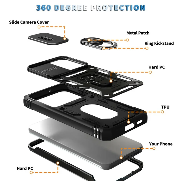For Samsung Galaxy S23+ Anti-fall Phone Case with Ring Kickstand Card Holder Phone Back Cover with Sliding Camera Lid - Black