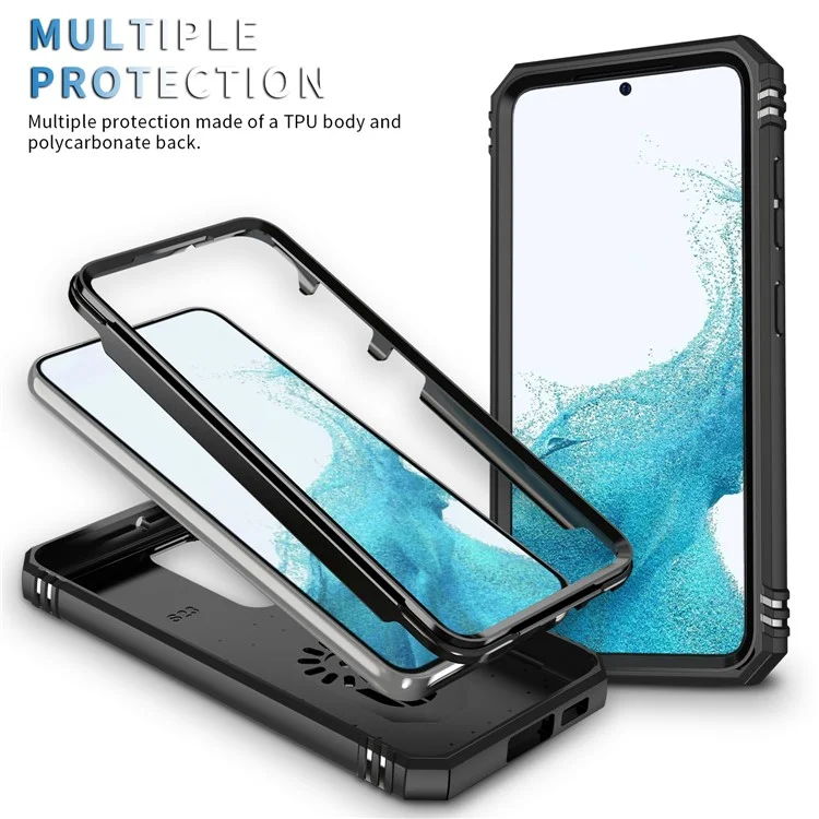 For Samsung Galaxy S23+ Anti-fall Phone Case with Ring Kickstand Card Holder Phone Back Cover with Sliding Camera Lid - Black