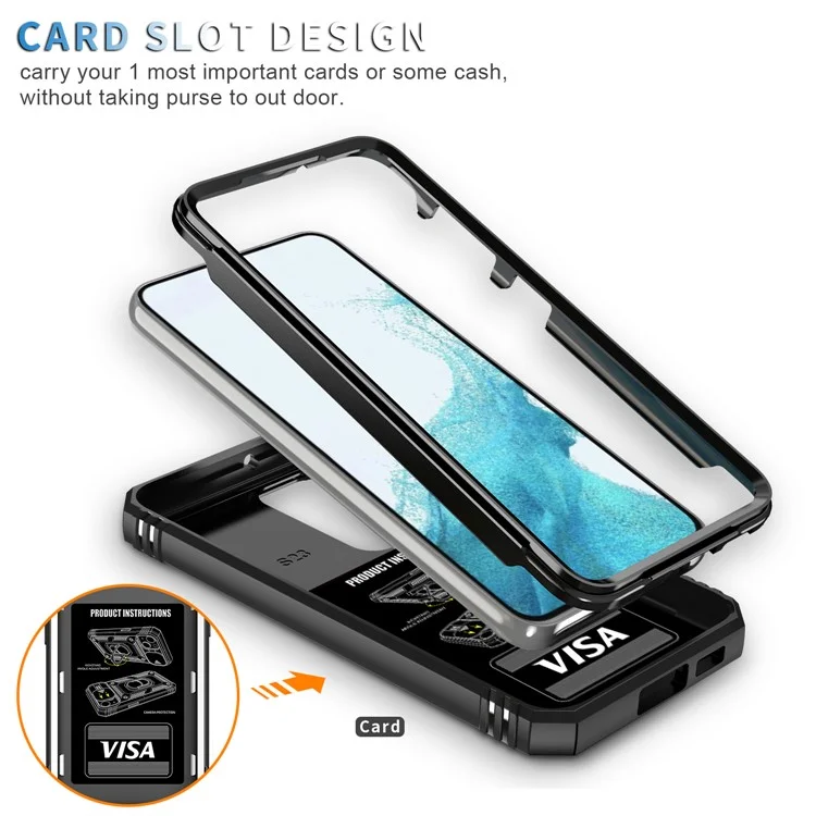 For Samsung Galaxy S23+ Anti-fall Phone Case with Ring Kickstand Card Holder Phone Back Cover with Sliding Camera Lid - Black