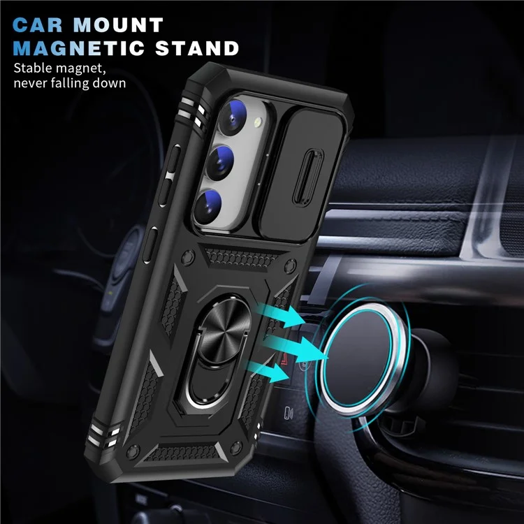 For Samsung Galaxy S23+ Anti-fall Phone Case with Ring Kickstand Card Holder Phone Back Cover with Sliding Camera Lid - Black