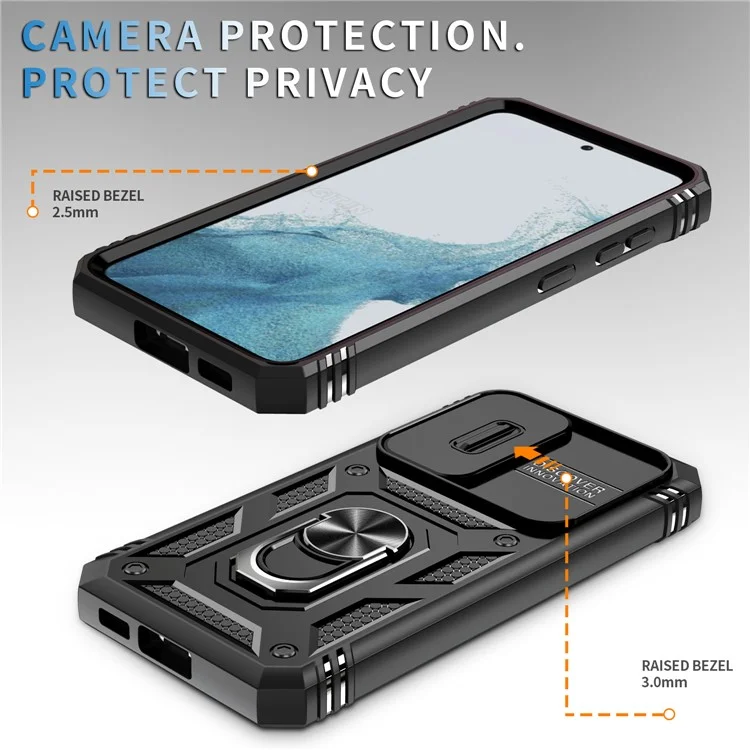 For Samsung Galaxy S23+ Anti-fall Phone Case with Ring Kickstand Card Holder Phone Back Cover with Sliding Camera Lid - Black