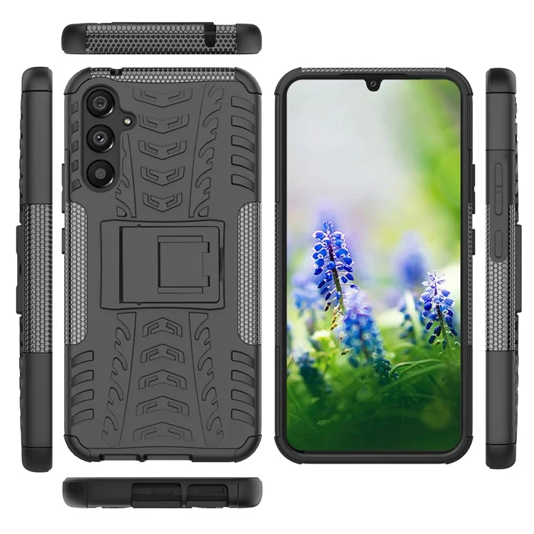 Pour Samsung Galaxy A34 5G Cool Tire Texture Soft TPU Hard PC Anti-drop Back Cover Kickstand Protective Phone Case - Noir