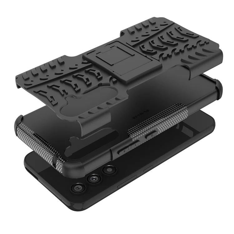 Étui de protection pour Samsung Galaxy A54 5G, texture de pneu Cool avec support, coque en TPU souple et PC dur anti-rayures - Noir