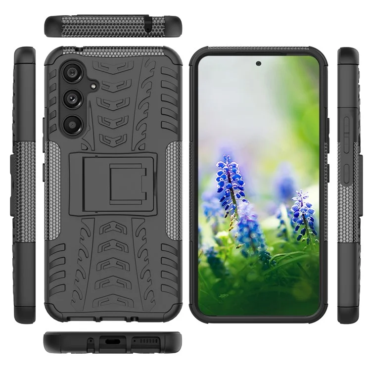 Étui de protection pour Samsung Galaxy A54 5G, texture de pneu Cool avec support, coque en TPU souple et PC dur anti-rayures - Noir