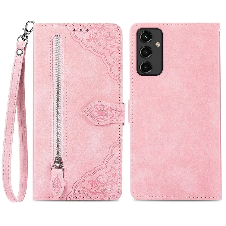 For Samsung Galaxy A14 5G / A14 4G Zipper Wallet Case with Strap Flower Imprint PU Leather Phone Cover - Pink