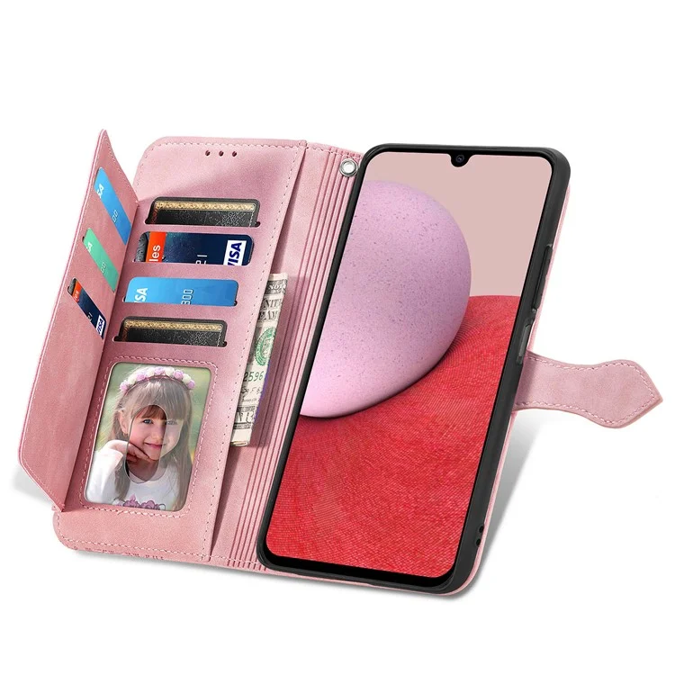 For Samsung Galaxy A14 5G / A14 4G Zipper Wallet Case with Strap Flower Imprint PU Leather Phone Cover - Pink