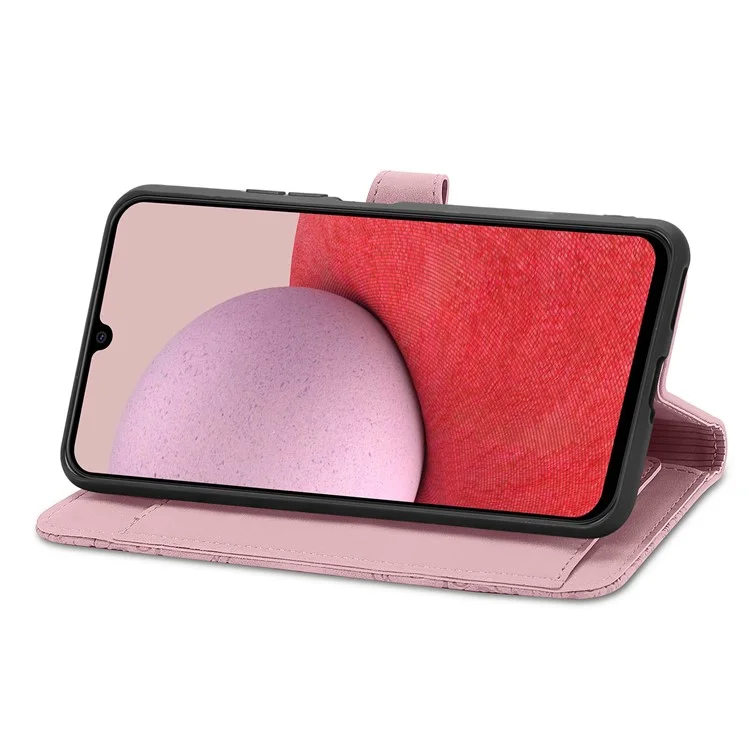 For Samsung Galaxy A14 5G / A14 4G Zipper Wallet Case with Strap Flower Imprint PU Leather Phone Cover - Pink