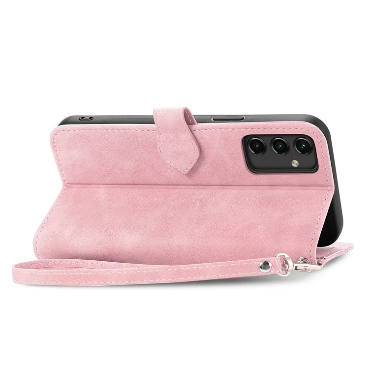 For Samsung Galaxy A14 5G / A14 4G Zipper Wallet Case with Strap Flower Imprint PU Leather Phone Cover - Pink