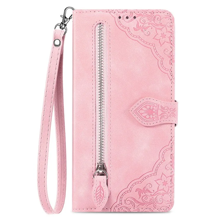 For Samsung Galaxy A14 5G / A14 4G Zipper Wallet Case with Strap Flower Imprint PU Leather Phone Cover - Pink