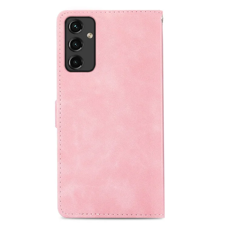 For Samsung Galaxy A14 5G / A14 4G Zipper Wallet Case with Strap Flower Imprint PU Leather Phone Cover - Pink