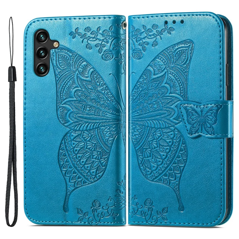 For Samsung Galaxy A14 5G / A14 4G Case Imprinted Butterfly Pattern PU Leather Wallet Cover Stand with Strap - Blue