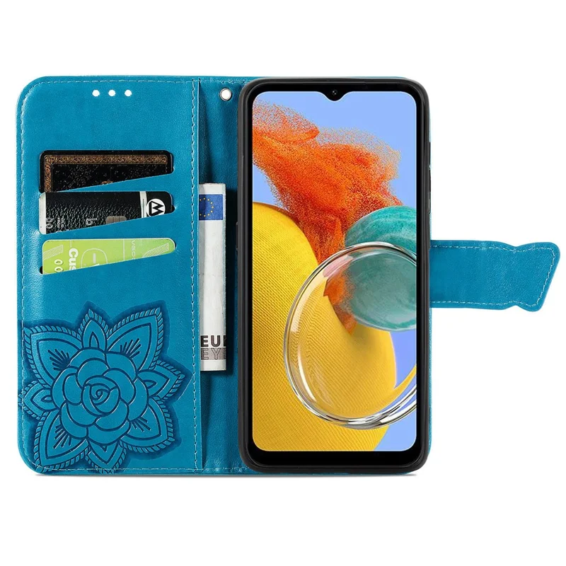 For Samsung Galaxy A14 5G / A14 4G Case Imprinted Butterfly Pattern PU Leather Wallet Cover Stand with Strap - Blue