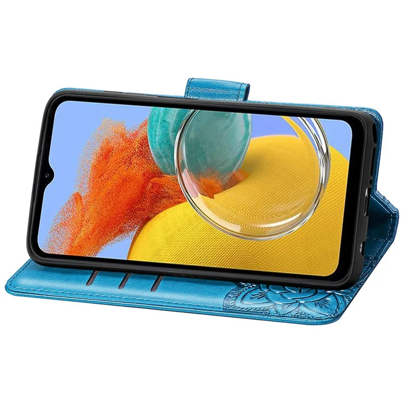 For Samsung Galaxy A14 5G / A14 4G Case Imprinted Butterfly Pattern PU Leather Wallet Cover Stand with Strap - Blue