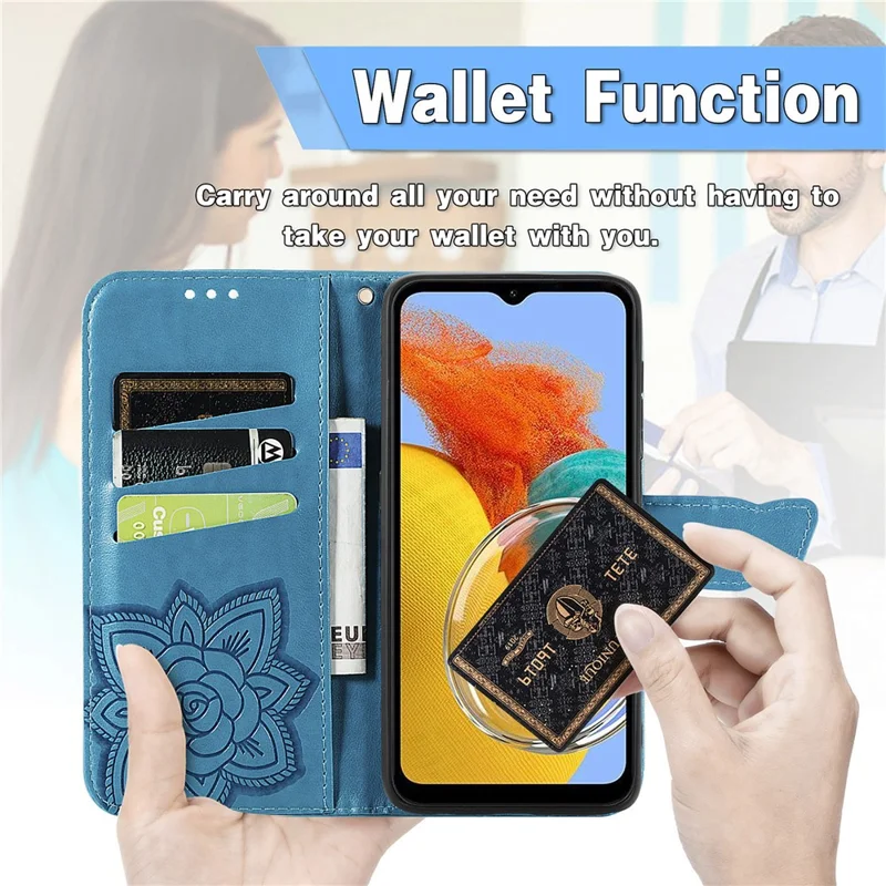 For Samsung Galaxy A14 5G / A14 4G Case Imprinted Butterfly Pattern PU Leather Wallet Cover Stand with Strap - Blue