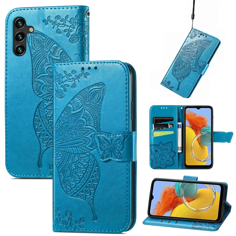 For Samsung Galaxy A14 5G / A14 4G Case Imprinted Butterfly Pattern PU Leather Wallet Cover Stand with Strap - Blue