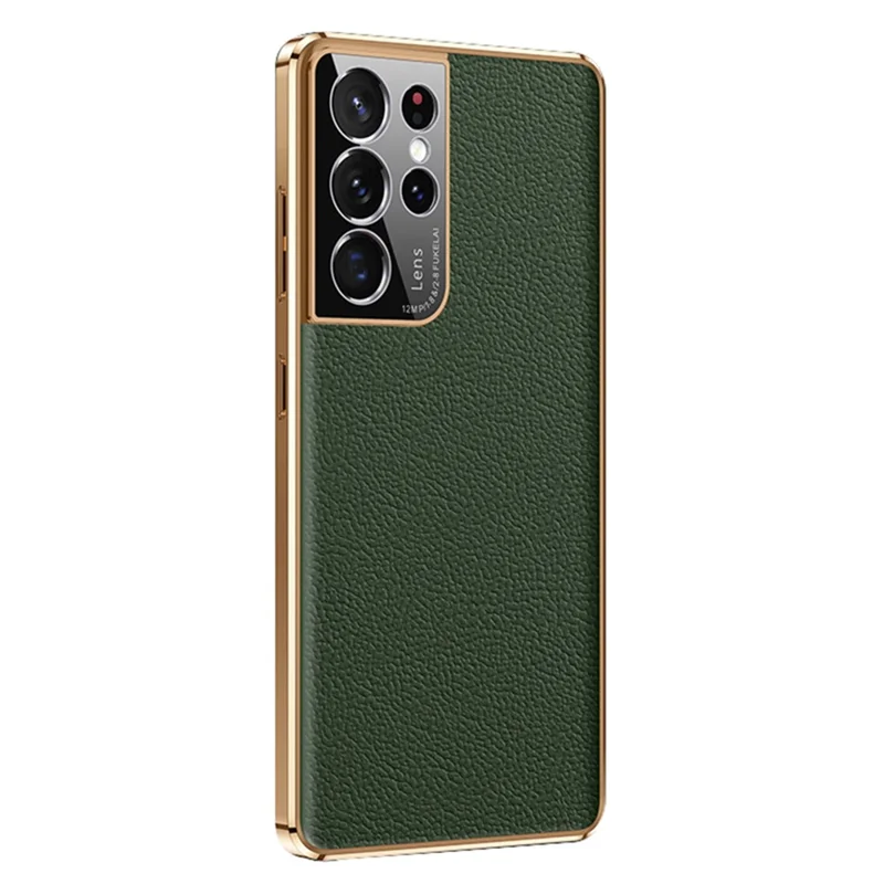 For Samsung Galaxy S23 Ultra Shockproof Phone Cover Camera Protection Genuine Leather Coated PC Electroplating Back Case - Green