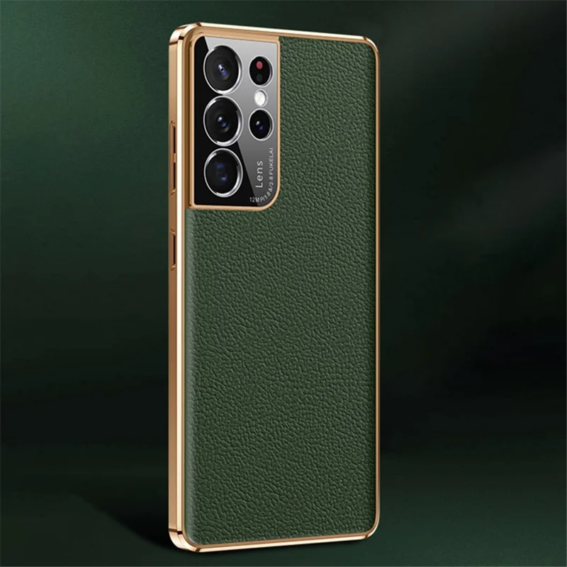 For Samsung Galaxy S23 Ultra Shockproof Phone Cover Camera Protection Genuine Leather Coated PC Electroplating Back Case - Green