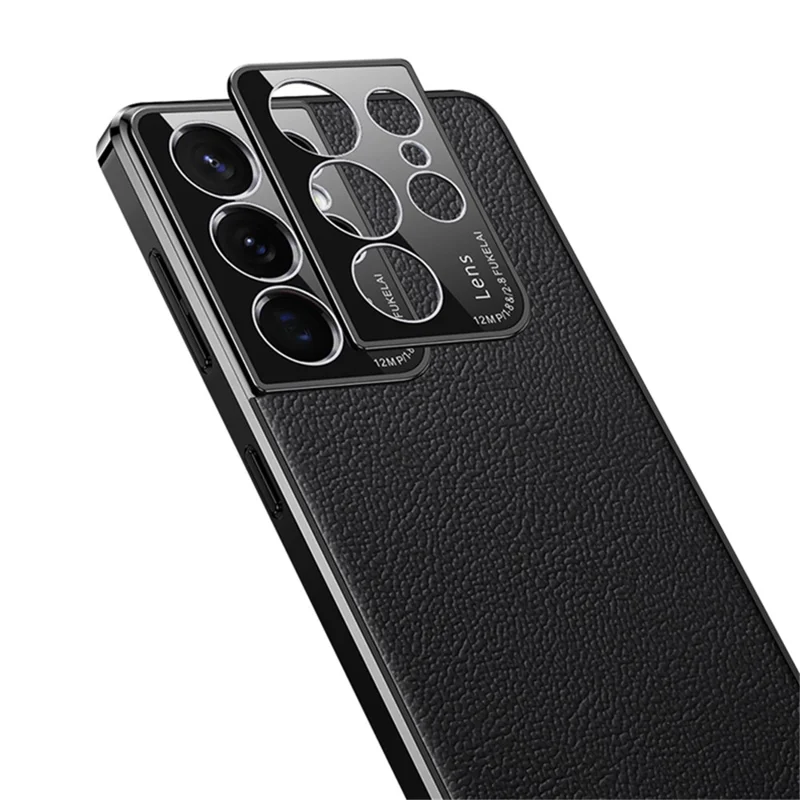 For Samsung Galaxy S23 Ultra Shockproof Phone Cover Camera Protection Genuine Leather Coated PC Electroplating Back Case - Green