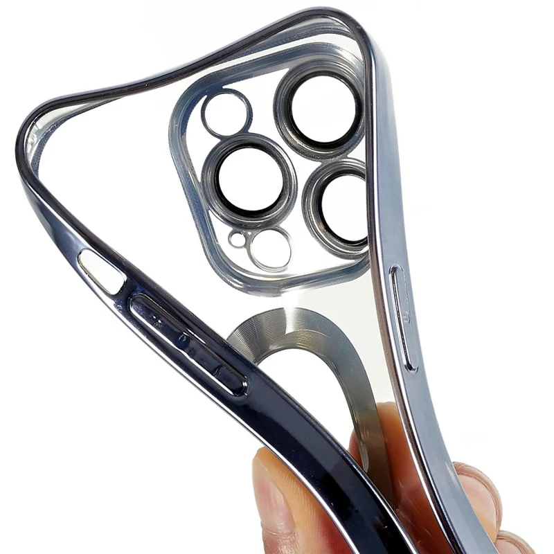 For iPhone 13 Pro Max 6.7 inch Electroplating Edges Soft TPU Case CD Texture Ring Logo Hole Design Clear Phone Cover with Built-in PC Lens Film - Baby Blue