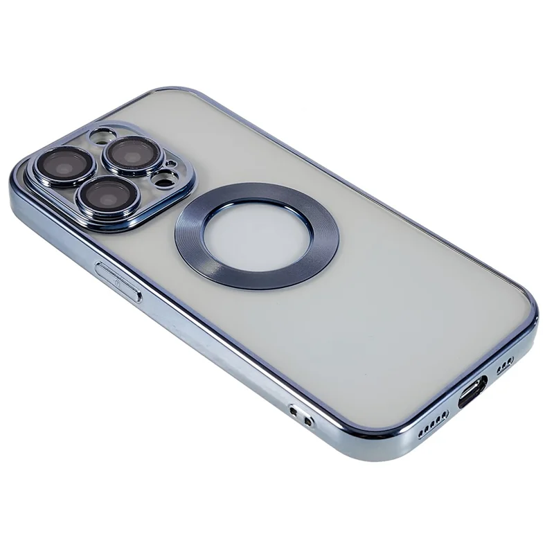 For iPhone 13 Pro Max 6.7 inch Electroplating Edges Soft TPU Case CD Texture Ring Logo Hole Design Clear Phone Cover with Built-in PC Lens Film - Baby Blue