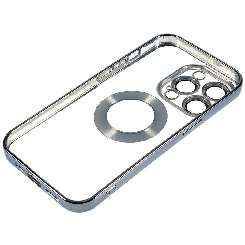 For iPhone 13 Pro Max 6.7 inch Electroplating Edges Soft TPU Case CD Texture Ring Logo Hole Design Clear Phone Cover with Built-in PC Lens Film - Baby Blue