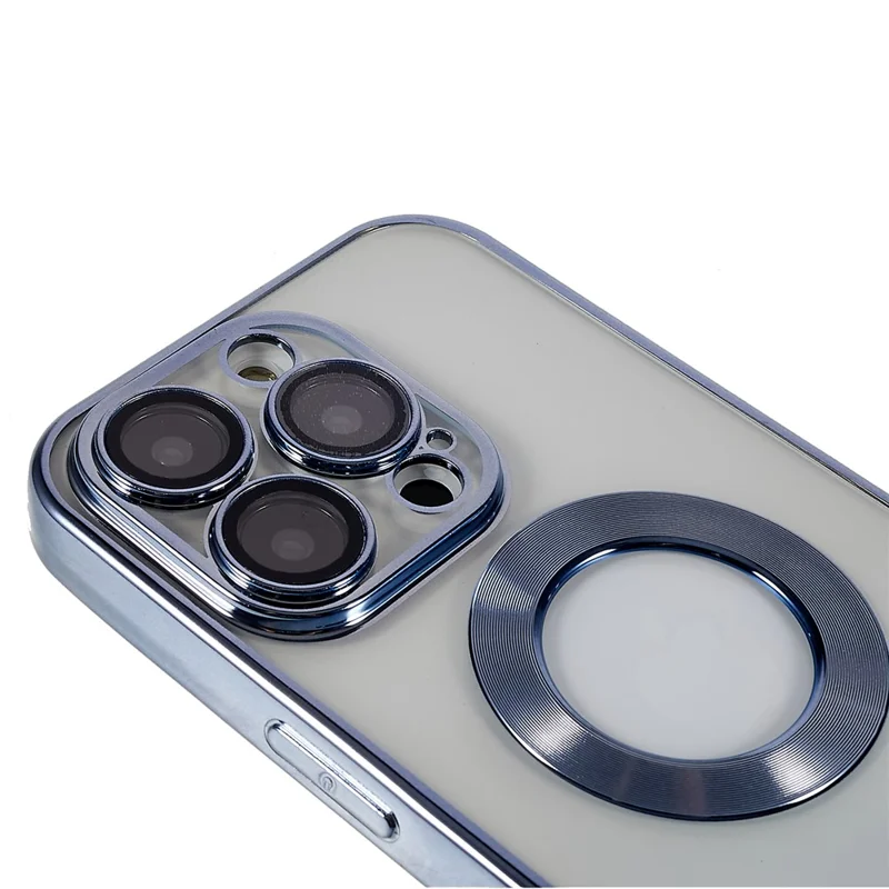 For iPhone 13 Pro Max 6.7 inch Electroplating Edges Soft TPU Case CD Texture Ring Logo Hole Design Clear Phone Cover with Built-in PC Lens Film - Baby Blue