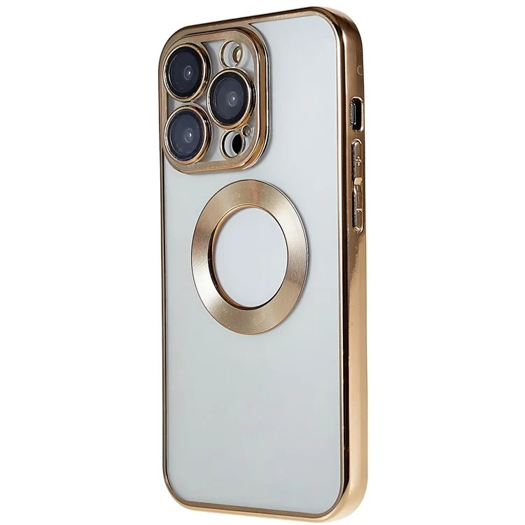For iPhone 14 Pro Full Camera Lens Protection Electroplating Edges Phone Case CD Texture Ring Logo Hole Design Soft TPU Transparent Cover - Gold