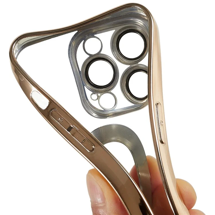 For iPhone 14 Pro Full Camera Lens Protection Electroplating Edges Phone Case CD Texture Ring Logo Hole Design Soft TPU Transparent Cover - Gold
