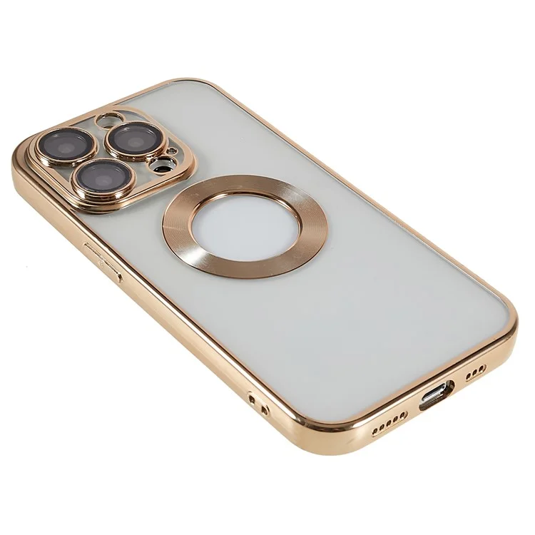 For iPhone 14 Pro Full Camera Lens Protection Electroplating Edges Phone Case CD Texture Ring Logo Hole Design Soft TPU Transparent Cover - Gold