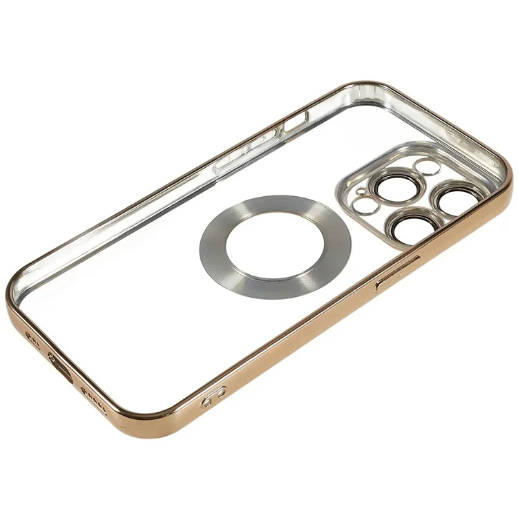 For iPhone 14 Pro Full Camera Lens Protection Electroplating Edges Phone Case CD Texture Ring Logo Hole Design Soft TPU Transparent Cover - Gold