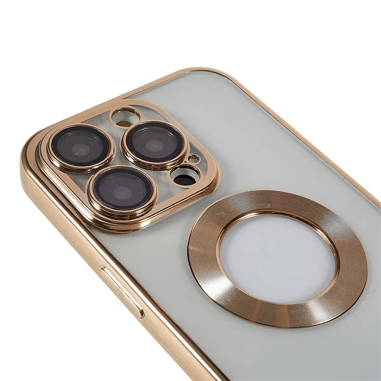 For iPhone 14 Pro Full Camera Lens Protection Electroplating Edges Phone Case CD Texture Ring Logo Hole Design Soft TPU Transparent Cover - Gold