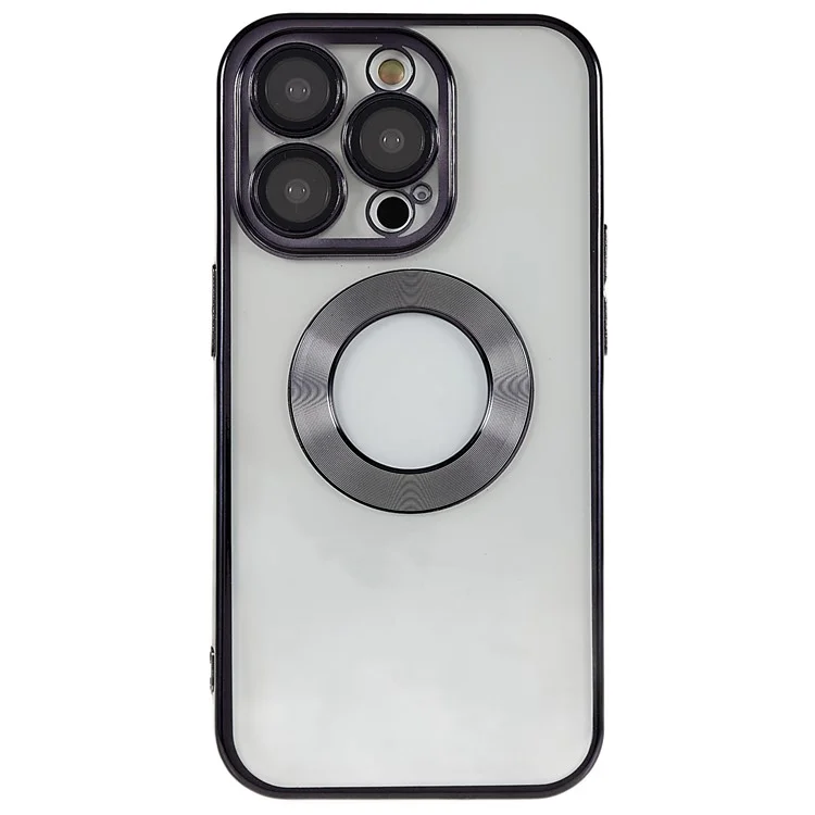 For iPhone 14 Pro Max Electroplating Edges Transparent Phone Case CD Texture Ring Logo Hole Design Soft TPU Shockproof Cover with Built-in Camera Lens Protector - Black