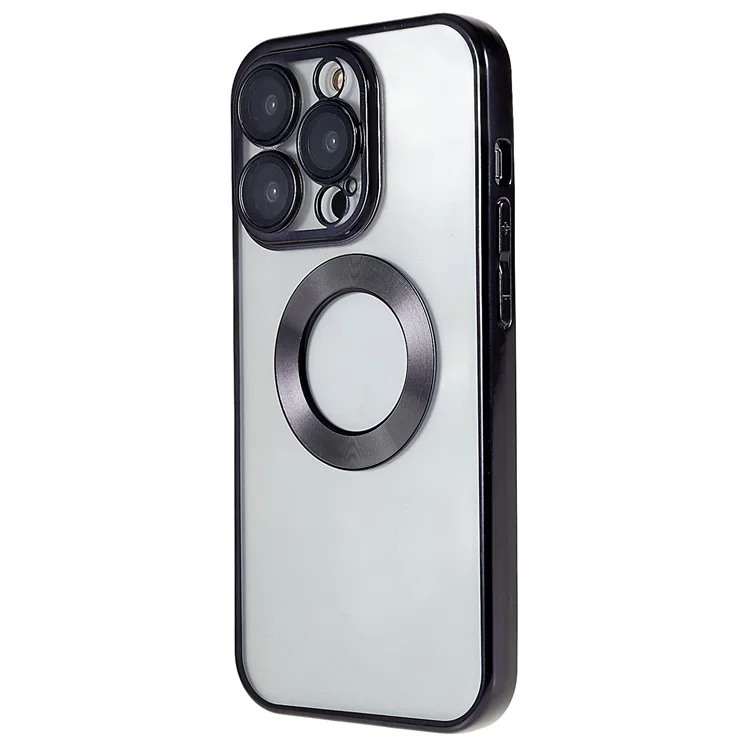 For iPhone 14 Pro Max Electroplating Edges Transparent Phone Case CD Texture Ring Logo Hole Design Soft TPU Shockproof Cover with Built-in Camera Lens Protector - Black