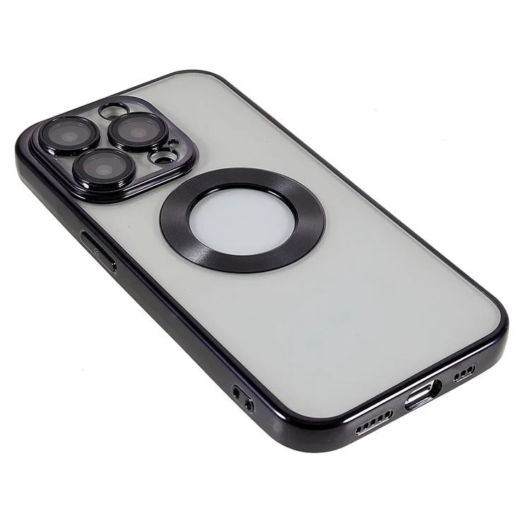 For iPhone 14 Pro Max Electroplating Edges Transparent Phone Case CD Texture Ring Logo Hole Design Soft TPU Shockproof Cover with Built-in Camera Lens Protector - Black