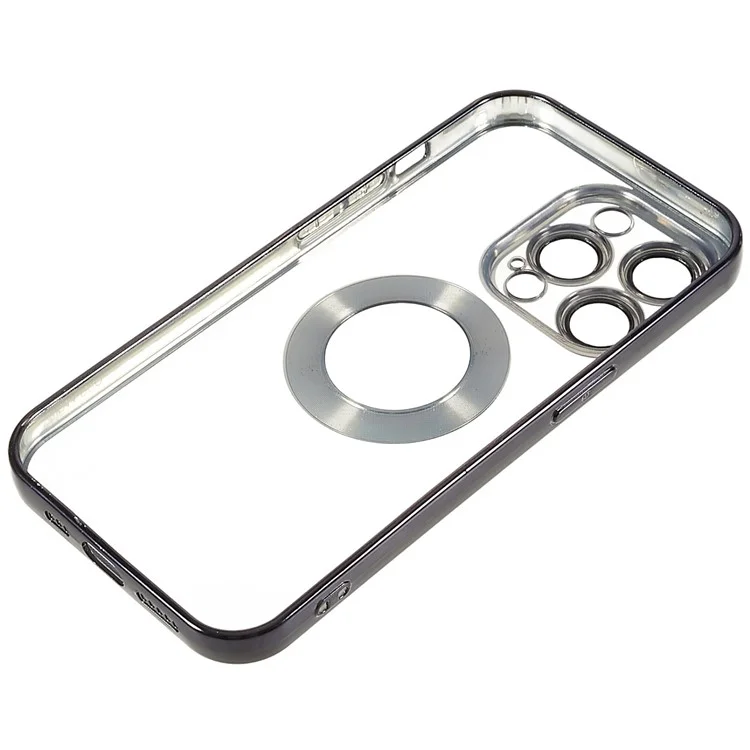 For iPhone 14 Pro Max Electroplating Edges Transparent Phone Case CD Texture Ring Logo Hole Design Soft TPU Shockproof Cover with Built-in Camera Lens Protector - Black