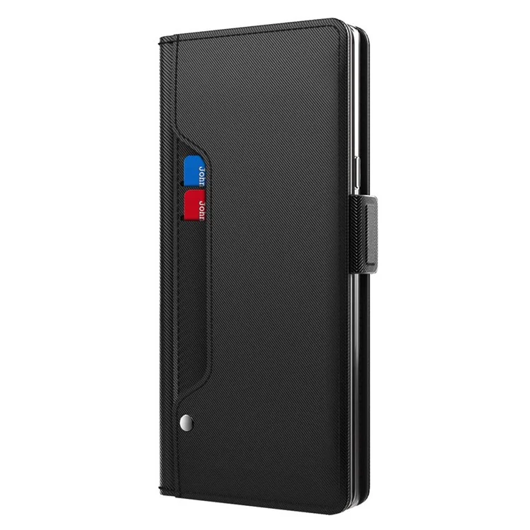 For Samsung Galaxy S22 Ultra 5G PU Leather Smartphone Case Card Holder Stand Dual Magnetic Clasp Anti-drop Protective Cell Phone Cover with Makeup Mirror - Black