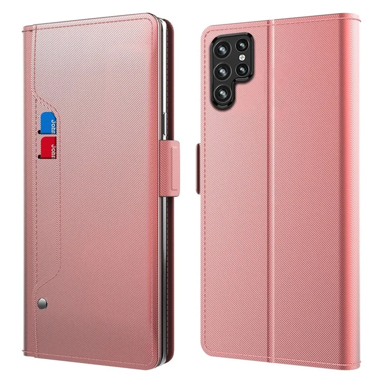 Pour Samsung Galaxy S22 Ultra 5G Étui de téléphone portable en cuir PU Support de carte Étui de support Double fermoir magnétique Anti-goutte Housse de protection avec miroir de maquillage - Or rose