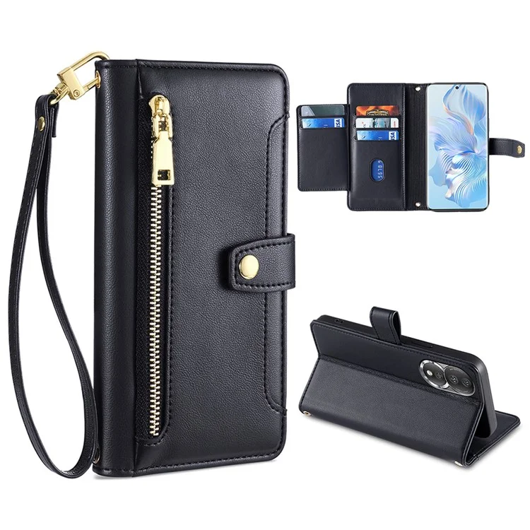 For Honor 80 5G Étui de protection en cuir PU à couverture intégrale avec poche à fermeture éclair, fentes pour cartes, rabat et sangles pour poignet et épaule - Noir