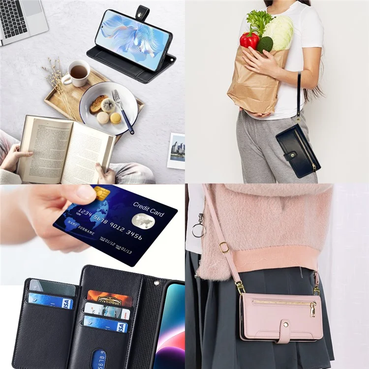 For Honor 80 5G Étui de protection en cuir PU à couverture intégrale avec poche à fermeture éclair, fentes pour cartes, rabat et sangles pour poignet et épaule - Noir
