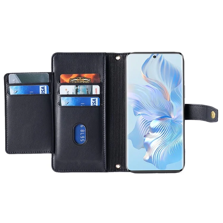 For Honor 80 5G Étui de protection en cuir PU à couverture intégrale avec poche à fermeture éclair, fentes pour cartes, rabat et sangles pour poignet et épaule - Noir