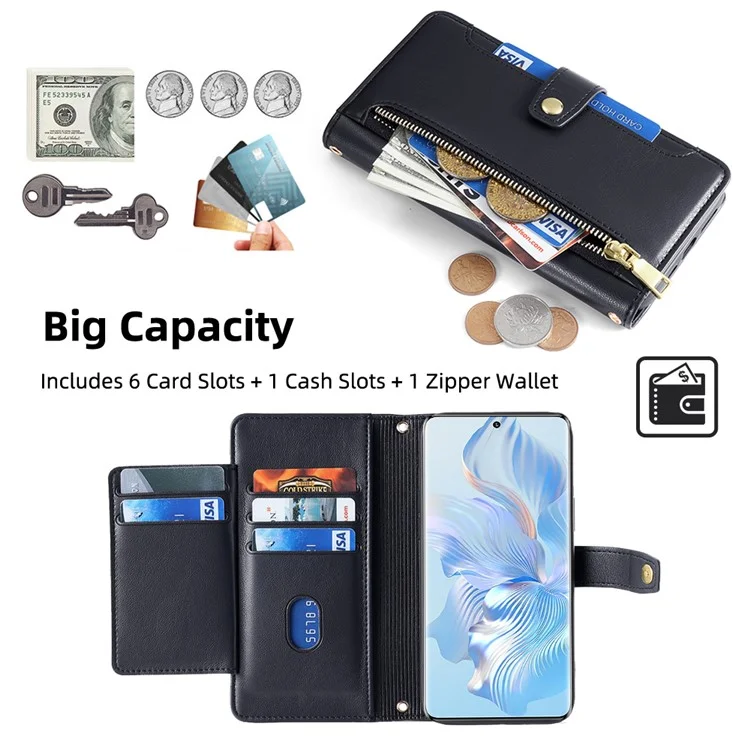 For Honor 80 5G Étui de protection en cuir PU à couverture intégrale avec poche à fermeture éclair, fentes pour cartes, rabat et sangles pour poignet et épaule - Noir