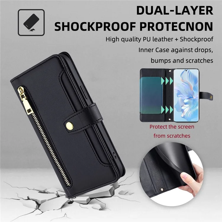 For Honor 80 5G Étui de protection en cuir PU à couverture intégrale avec poche à fermeture éclair, fentes pour cartes, rabat et sangles pour poignet et épaule - Noir