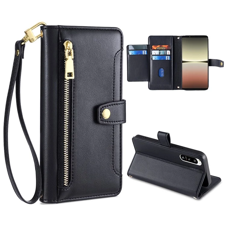 For Sony Xperia 5 IV 5G Book Style PU Leather Stand Case Zipper Pocket Card Slots Flip Phone Cover with Wrist Strap and Shoulder Strap - Black