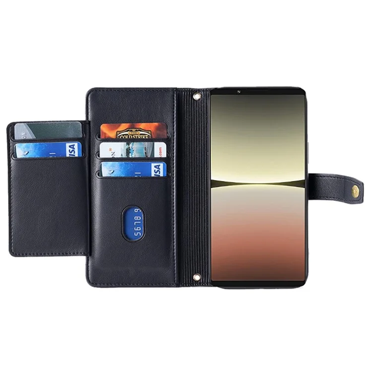 For Sony Xperia 5 IV 5G Book Style PU Leather Stand Case Zipper Pocket Card Slots Flip Phone Cover with Wrist Strap and Shoulder Strap - Black
