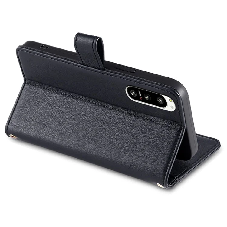 For Sony Xperia 5 IV 5G Book Style PU Leather Stand Case Zipper Pocket Card Slots Flip Phone Cover with Wrist Strap and Shoulder Strap - Black