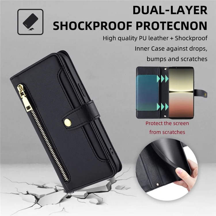 For Sony Xperia 5 IV 5G Book Style PU Leather Stand Case Zipper Pocket Card Slots Flip Phone Cover with Wrist Strap and Shoulder Strap - Black